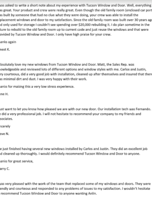 Customer Letters Tucson Window And Door